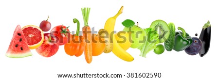 Color fruits and vegetables on white background. Food concept
