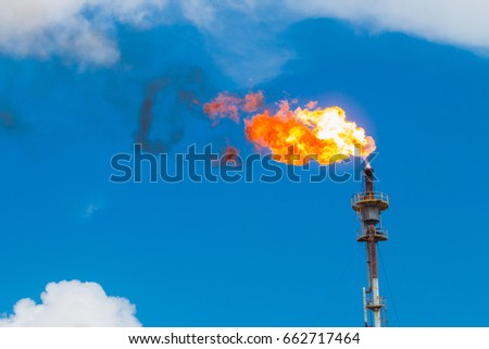 Fire of gas burning from flare structure in oil refinery plant with blue sky
