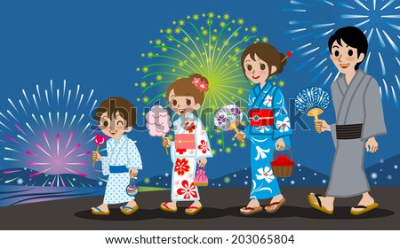 Yukata Family in Firework Display
