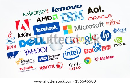 KIEV, UKRAINE - MAY 22, 2014: A logotype collection of well-known world top companies of computer technologies on a monitor screen. Include Google, Apple, Microsoft, IBM, Adobe, Intel and other logo.
