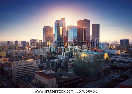 Sunset over Los Angeles downtown. Retro colors. California theme. LA background. Los Angeles city center.