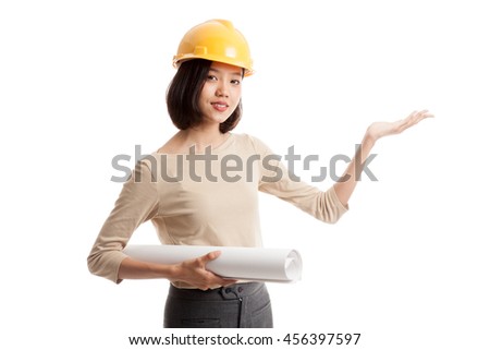 Asian engineer woman with blueprints show her palm hand isolated on white background