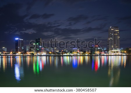 DA NANG, VIETNAM - JANUARY 06, 2016: The urban waterfront of the Han river in evening illumination
