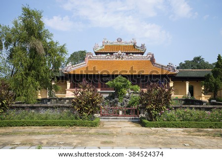 View of the ancient imperial ritual pavilion Thai Binh in the Forbidden Purple City. Hue, Vietnam