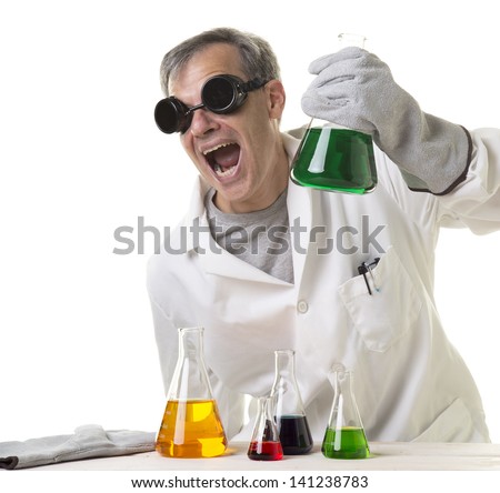 A crazy mad scientist in his laboratory experimenting on secret formulas.