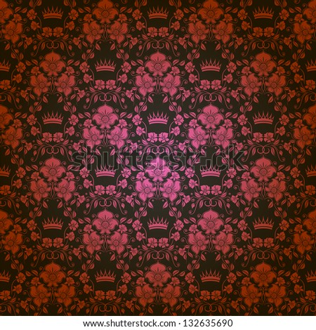 Damask seamless floral pattern. Royal wallpaper. Flowers and crowns on a dark background. EPS 10