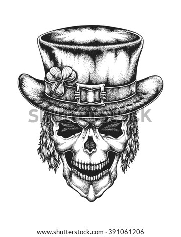Hand Drawn Leprechaun Skull Wearing Irish Stock Vector 391061206