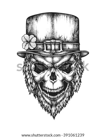 Hand Drawn Leprechaun  Skull Wearing Irish Stock Vector 