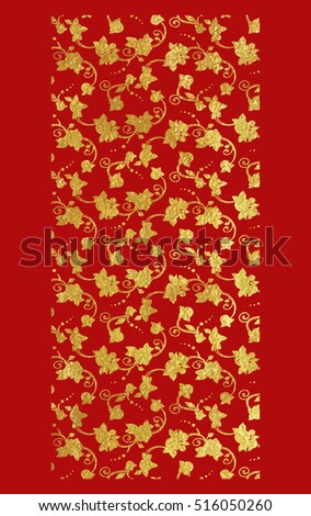 Vector illustration of gold foil ornamental background with roses in Victorian style on red.