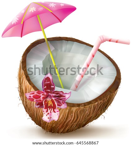 Exotic coconut cocktail with orchid flower. vector illustration