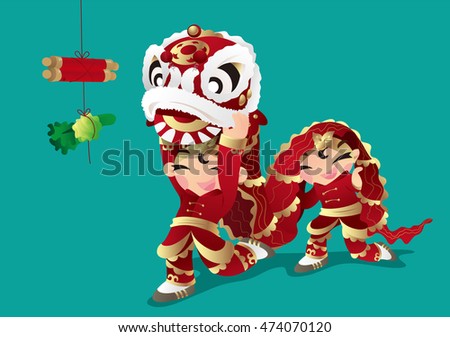 Two kids playing Chinese Lion dancing
