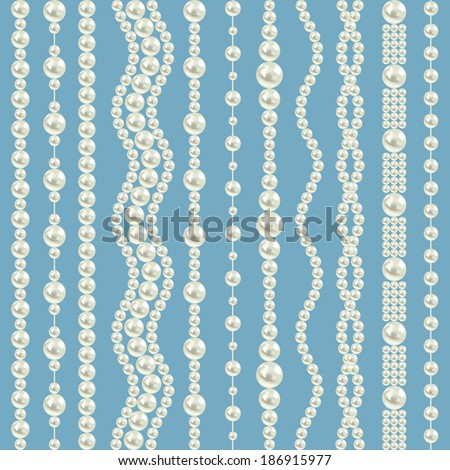 pearl realistic borders set collection isolated on blue background. vertical lines. vector illustration.