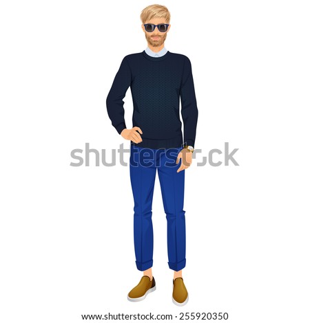 Handsome blonde guy with beard. Isolated vector illustration.