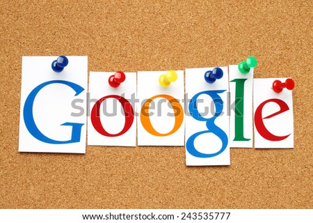 KIEV, UKRAINE - JANUARY 10, 2015:Google logotype printed on paper, cut and pinned on cork bulletin board.Google is USA multinational corporation specializing in Internet-related services and products.