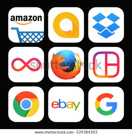 Kiev, Ukraine - November 26, 2016: Collection of popular social media icons printed on black paper: Amazon, Google Allo, Dropbox, Instagram Boomerang, Firefox, Instagram Layout, Chrome, Ebay, Google.