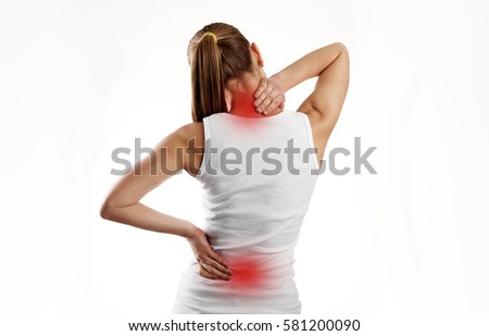 Woman having spine disease or illness. Painful back on female body with red dots.