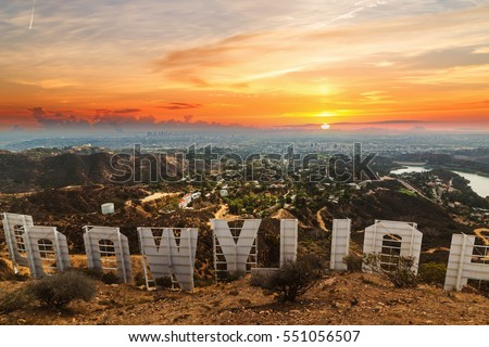 Los Angeles, California - October 28, 2016: Hollywood sign at sunset