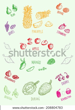Fruits Whole Sliced and Cut Doodle Collection 1. Vector eps10