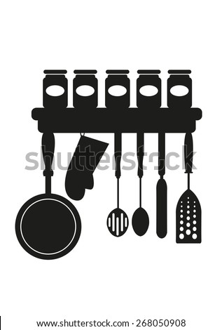Hanging Kitchenware Utensils and Jars of Spices and Powders. Editable EPS10 Vector and jpg artwork.