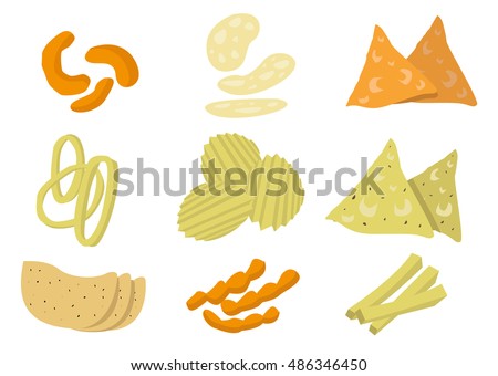 Kinds of Chips or Crisp Junk Food Isolated. Editable Clip Art.