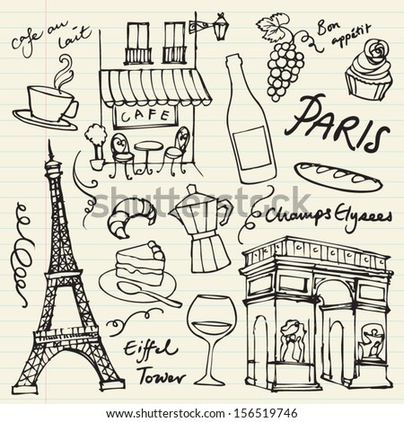 Set Paris Landmarks Icons Doodle Vector Stock 156519746 Gambar