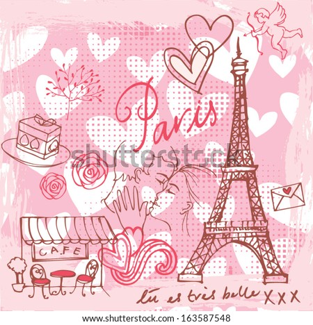Love Romance Paris Background Stock Vector 163587512 Shutterstock Gambar Kartun