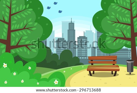 vector chair and trash can in green park with town building background and bird