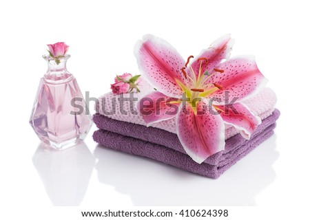 rose still life spa with amaryllis flower isolated on white
