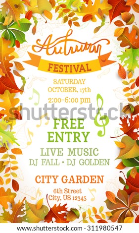 Fall Festival template. Bright colourful autumn leaves on vertical white background. You can place your text in the center.
