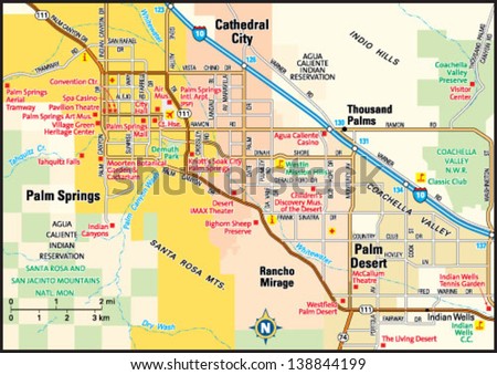 Palm Springs California Area Map Stock Vector 138844199 - Shutterstock