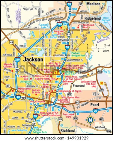 Jackson Mississippi Area Map Stock Vector 149901929 - Shutterstock