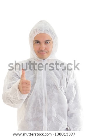Man in protective clothes giving a thumbs-up sign. Isolated on white background