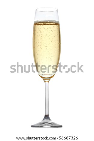 A glass of champagne, isolated on a white background.