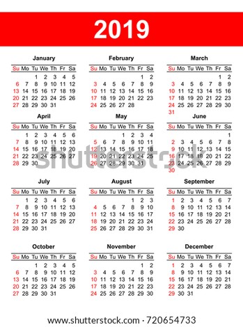 Template USA American Calendar Grid 2019 Stock Vector 720654733 ...