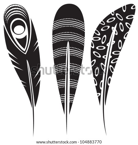 Vector illustration of feathers with tribal ornaments - in black and ...