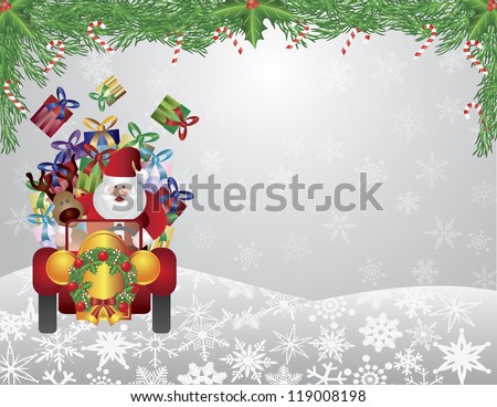 Santa Reindeer Driving Vintage Car with Christmas Wreath and Garland with Candy Cane on Snowflakes Background Vector Illustration