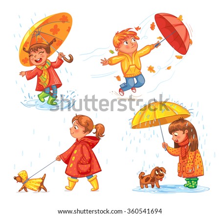 I love autumn. Walk on outdoors. Children under the umbrella. Girl walking a dog. Kid enjoys the rain. Umbrella wind blows. Funny cartoon character. Vector illustration. Isolated on white background