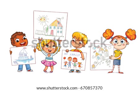 cute kids show their drawings drawn children drawing funny cartoon character vector illustration - Kids Cartoon Drawings cute kids show their drawings drawn children drawing funny cartoon character vector illustration - Kids Cartoon Drawings