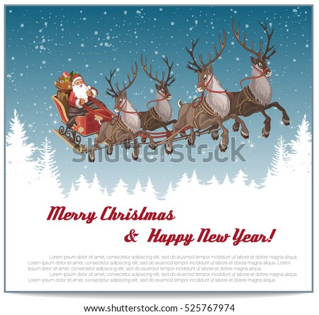 Christmas background with Santa driving his sleigh on winter night and copy-space for your text