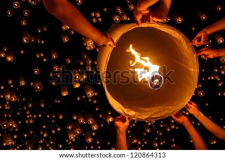 Floating lantern, Yi Peng,Firework Festival in Chiangmai Thailand