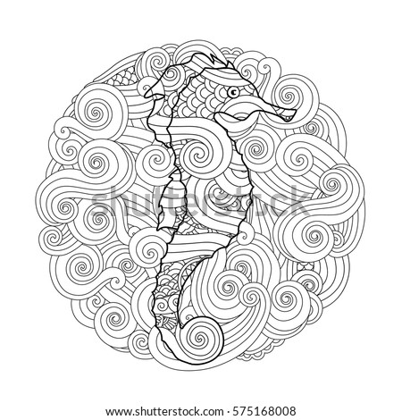 Sea Mandala Waves And Seahorse In Zentangle Inspired Style Coloring Book For Adult