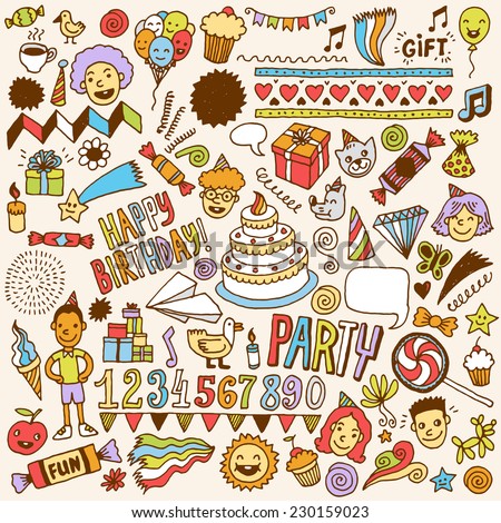 Happy Birthday Color Doodle Set 1 Hand Drawn Vector Illustration