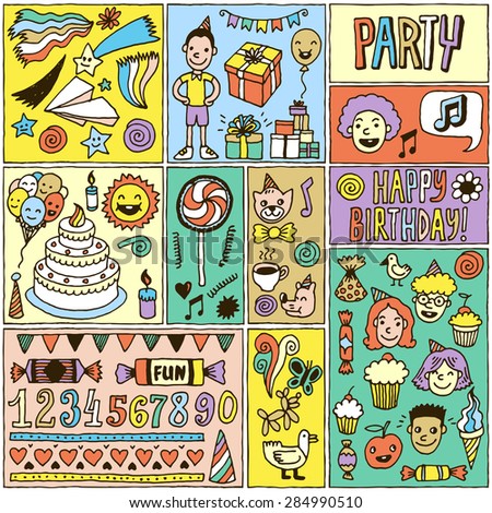 Happy Birthday Color Doodle Banner Cards Set 1 Hand Drawn Vector Illustration