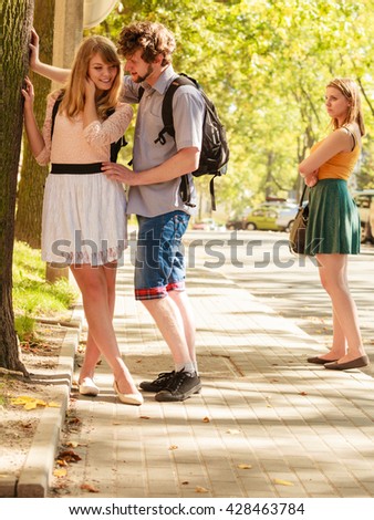 http://thumb1.shutterstock.com/display_pic_with_logo/854650/428463784/stock-photo-jealous-girl-looking-at-flirting-couple-outdoor-happy-young-woman-and-man-couple-dating-summer-428463784.jpg