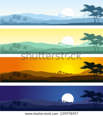 Set of tropical mountain landscape in various times of day.Vector illustration.