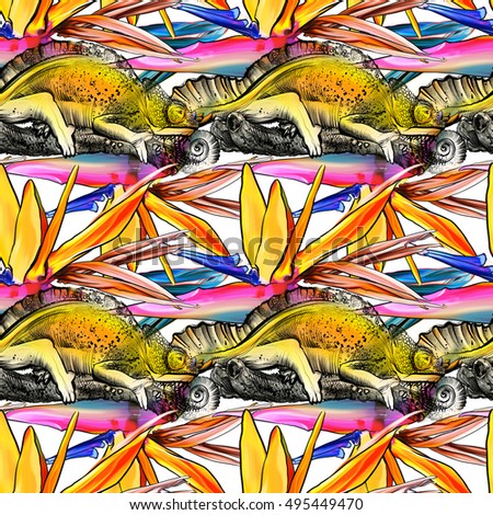 Seamless Pattern With Reptile And Flowers Painted Bright Colored Lizards On A Tree Branch