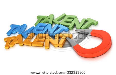 Horseshoe magnet attracting new talents over white background, 3d conceptual image for illustration of talent acquisition strategy or recruitment.