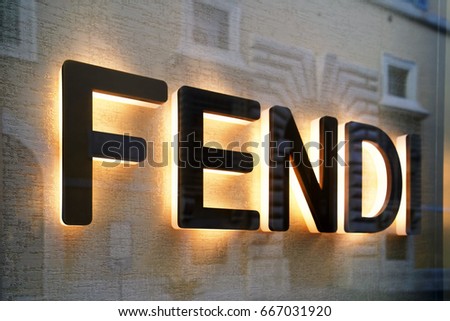 Rome, Italy - October 14, 2016: Fendi Sign on street shop window, Rome, Italy.