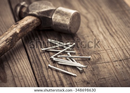 Vintage Hammer Nails Lying On Wooden Stock Photo 348698630 ...