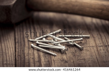 Vintage Hammer Nails Lying On Wooden Stock Photo 348698630 ...